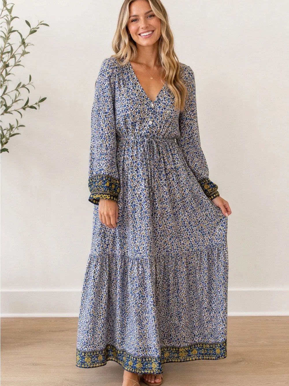 Vanessa Bruno Blue Floral Boho Maxi Dress | Long Sleeve | 100% Viscose